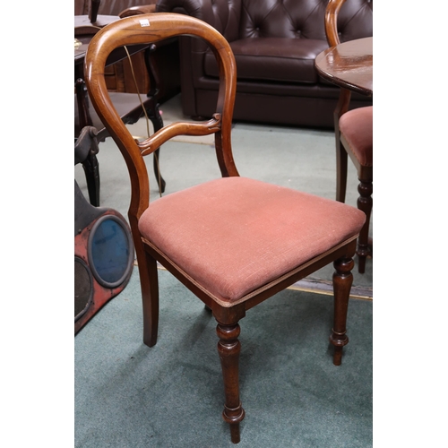 76 - A Victorian circular tilt topped breakfast table and two pairs of Victorian balloon back dining chai... 