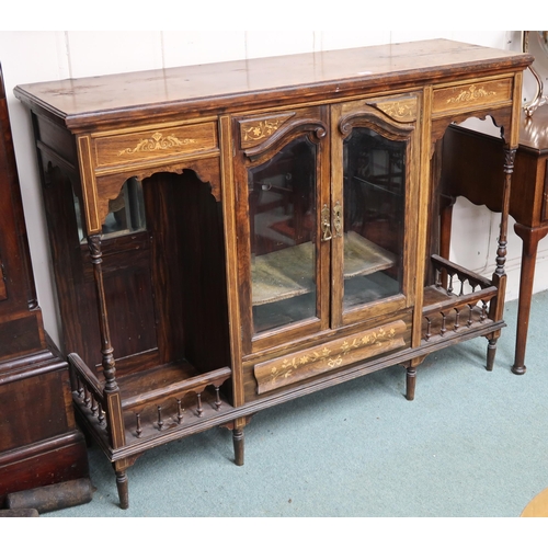 8 - A Victorian rosewood display cabinet with pair of glazed doors flanked by open galleried shelves on ... 