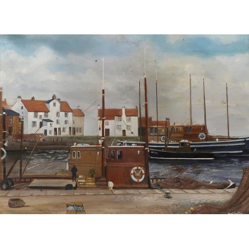 905 - NOEL HAMILTON Fishing boats in harbour, signed, oil on board, 64 x 90cm