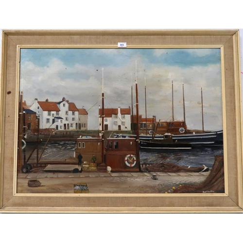 905 - NOEL HAMILTON Fishing boats in harbour, signed, oil on board, 64 x 90cm