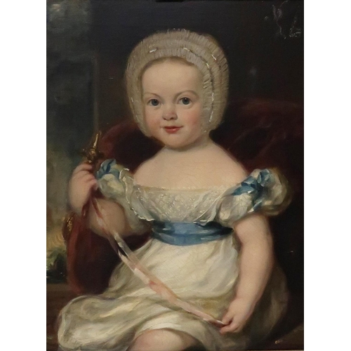 908 - MANNER OF SIR FRANCIS GRANT Child holding a rattle, oil on canvas, 50 x 37cm