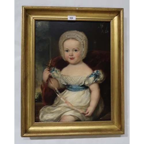 908 - MANNER OF SIR FRANCIS GRANT Child holding a rattle, oil on canvas, 50 x 37cm