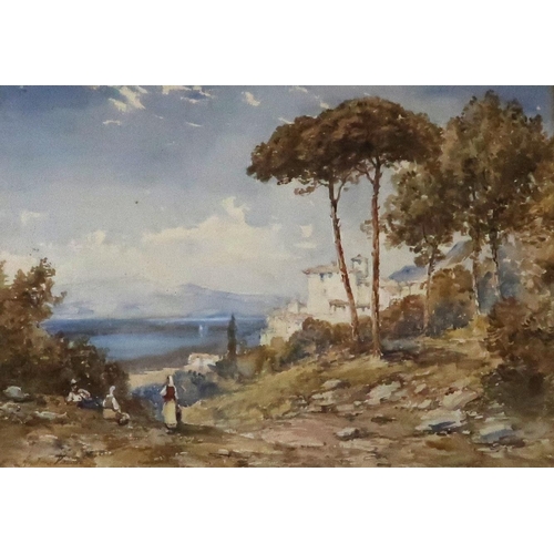 914 - ANDREA VASARI Figures resting before a hilltop village, signed, watercolour, 37 x 53cm... 