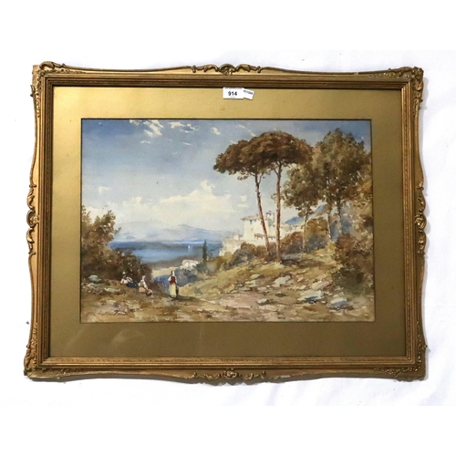 914 - ANDREA VASARI Figures resting before a hilltop village, signed, watercolour, 37 x 53cm... 