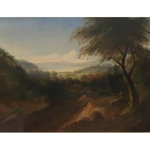 916 - J.D.SCOTT Figure in woodland with distant country house looking towards a river, signed, oil on... 