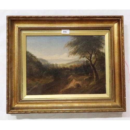 916 - J.D.SCOTT Figure in woodland with distant country house looking towards a river, signed, oil on... 