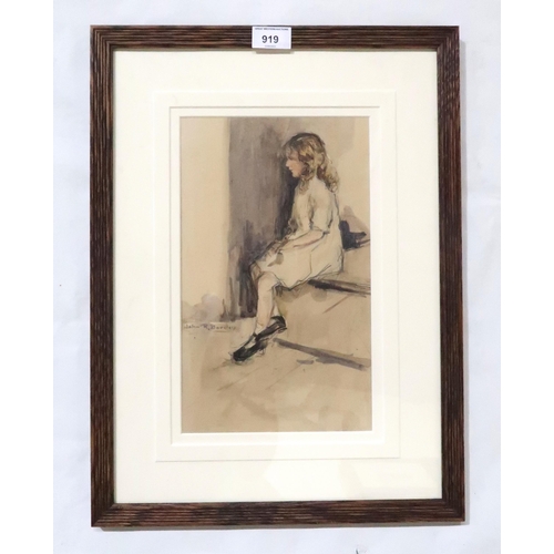 919 - JOHN RANKINE BARCLAY Study of a girl seated, signed, watercolour, 31 x 18cm