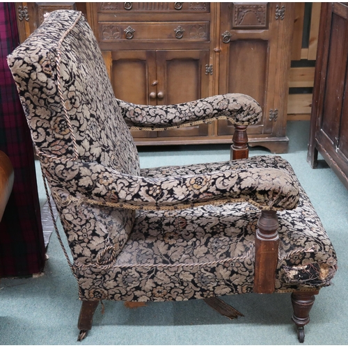 93 - A Victorian walnut framed open armchair with floral Damask upholstery on turned supports, 89cm high ... 