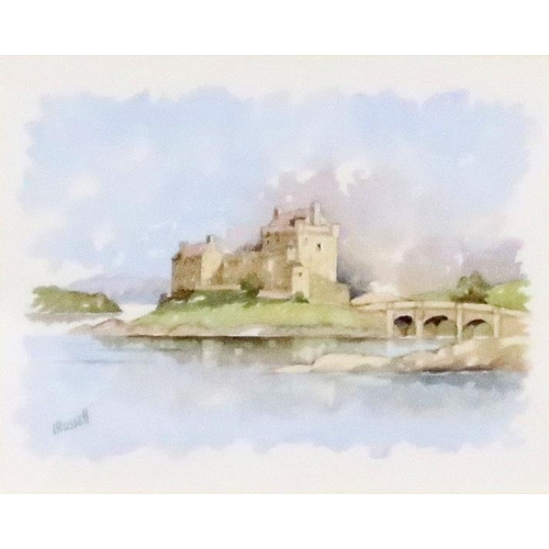 938 - IRVINE RUSSELL Eilean Donan, signed, watercolour, 17 x 22cm and two others (3)