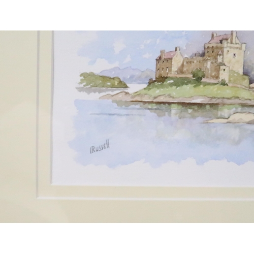 938 - IRVINE RUSSELL Eilean Donan, signed, watercolour, 17 x 22cm and two others (3)