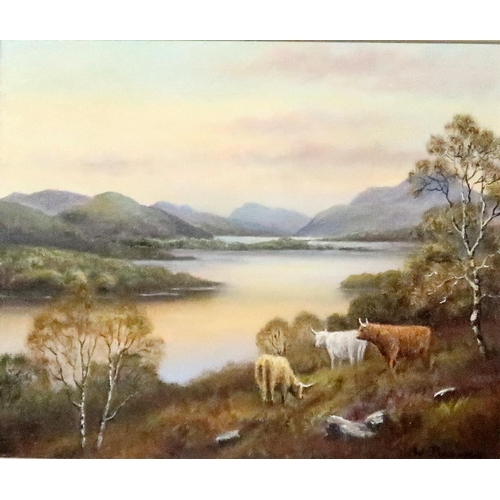 939 - WENDY REEVES Highlanders over the loch, signed, oil on board, 24 x 29cm