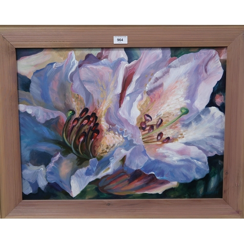 964 - CONTEMPORARY SCHOOLSTILL LIFE WITH PINK LILIESOil on canvas, signed 'Nancy M.' lower right, 45 x 58c... 