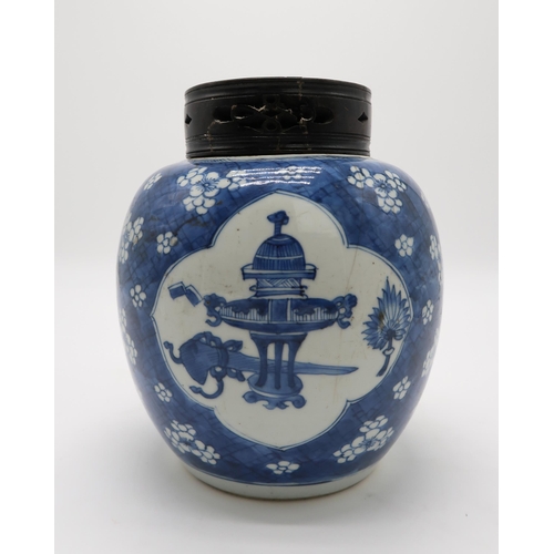 2368 - A CHINESE BLUE AND WHITE GINGER JARthe vignettes filled with One Hundred Antiques, over a cracked ic... 