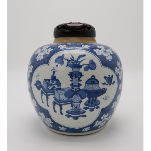 2371 - A CHINESE BLUE AND WHITE GINGER JARthe vignettes filled with One Hundred Antiques, over a cracked ic... 