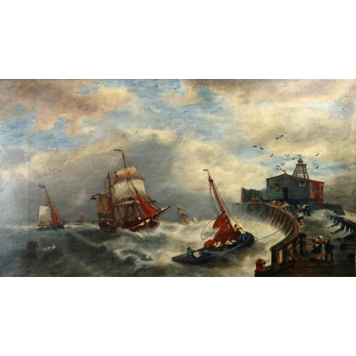 3084 - BRITISH SCHOOL (20thC)HARBOUR IN HEAVY SEASOil on canvas, 42 x 75cm (16.5 x 29.5