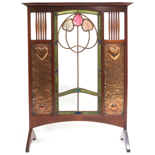 2008 - A MAHOGANY FRAMED SHAPLAND AND PETTER STYLE ARTS & CRAFTS FIRESCREEN with corniced top over cent... 
