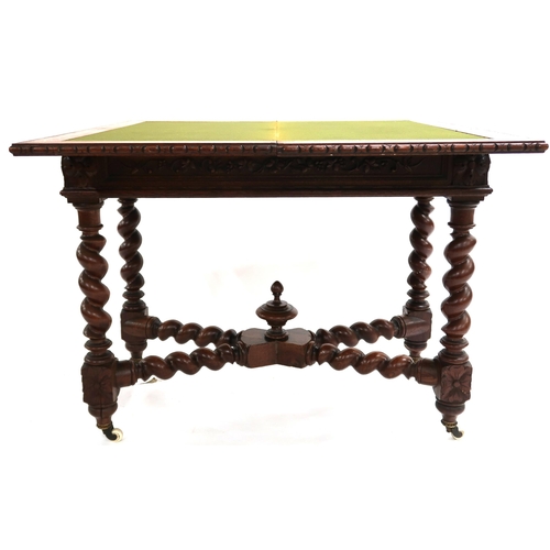 2012 - A PAIR OF VICTORIAN OAK FOLD-OVER CARD TABLES each with rectangular moulded edged tops over foliate ... 