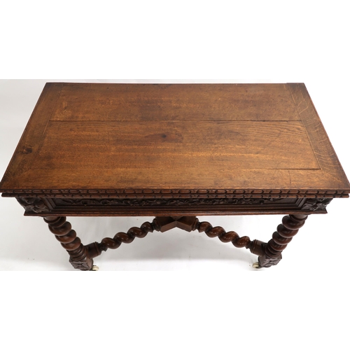 2012 - A PAIR OF VICTORIAN OAK FOLD-OVER CARD TABLES each with rectangular moulded edged tops over foliate ... 