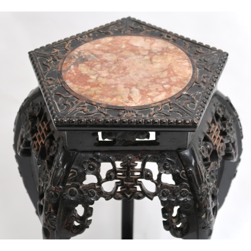 2015 - A LATE 19TH CENTURY CHINESE HARDWOOD JARDINIERE carved pentagonal top with circular marble inset ove... 