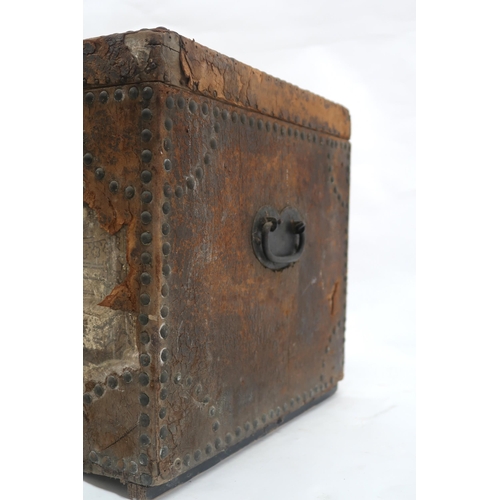 2021 - A LATE 18TH/EARLY 19TH CENTURY BRASS STUDDED CHEST bound in hide with wrought iron carry handles, ch... 