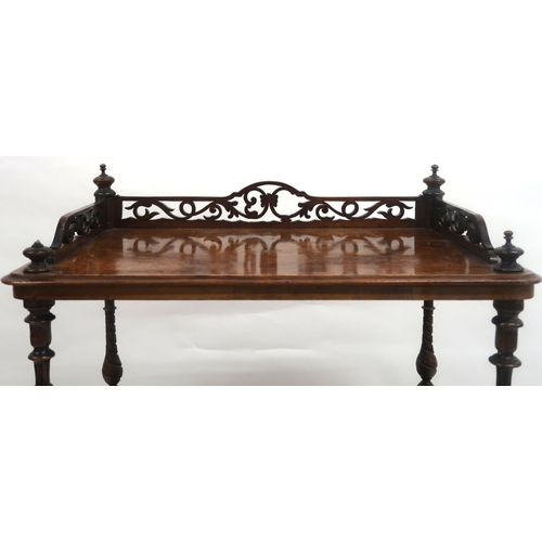 2027 - A VICTORIAN BURR WALNUT THREE TIER WHATNOT with pierced gallery top over two open tiers joined by tu... 