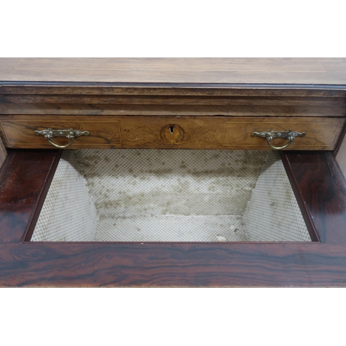 2028 - A VICTORIAN ROSEWOOD FOLD-OVER SEWING/GAMES TABLE with inlaid rectangular top with shaped corners wh... 