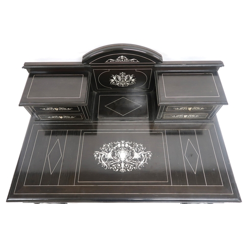 2029 - A CONTINENTAL EBONISED AND BONE INLAID WRITING DESK with four drawer superstructure over inlaid writ... 