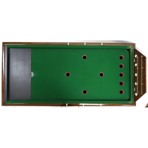 2032 - AN EARLY 20TH CENTURY OAK COIN OPERATED BAR BILLIARDS TABLE with hinged integrated scoreboard over g... 