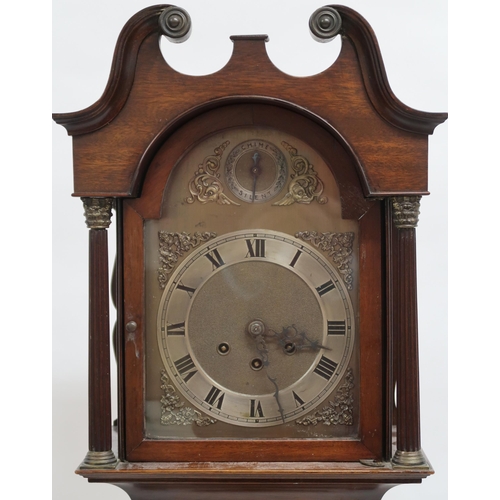 2041 - AN EARLY 20TH CENTURY MAHOGANY CASED GRANDMOTHER CLOCK brass face bearing silvered dial with Roman n... 