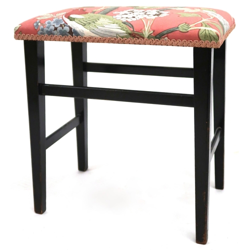 2042 - A PAIR OF EARLY 20TH CENTURY EBONISED FRAMED GEORGE V CORONATION STOOLS with pink floral pattern uph... 