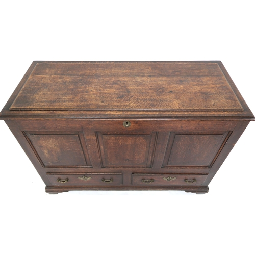 2045 - AN 18TH CENTURY OAK BLANKET CHEST with stepped hinged top containing candle box and three short inte... 