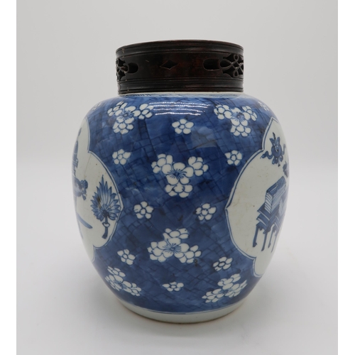 2368 - A CHINESE BLUE AND WHITE GINGER JARthe vignettes filled with One Hundred Antiques, over a cracked ic... 