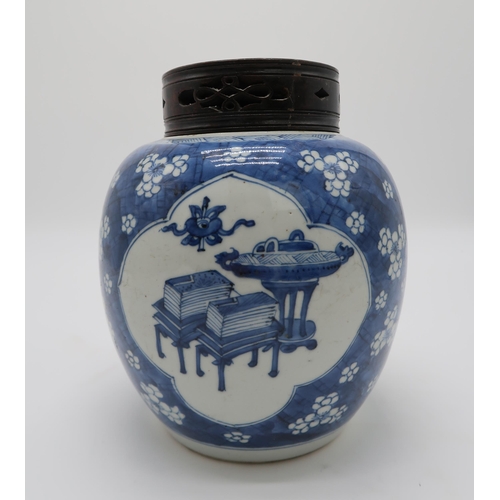 2368 - A CHINESE BLUE AND WHITE GINGER JARthe vignettes filled with One Hundred Antiques, over a cracked ic... 