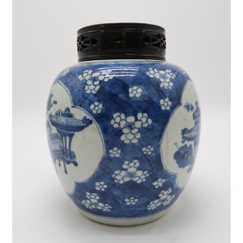 2368 - A CHINESE BLUE AND WHITE GINGER JARthe vignettes filled with One Hundred Antiques, over a cracked ic... 