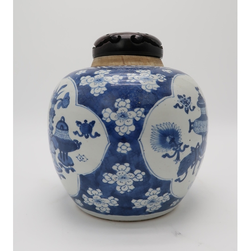 2371 - A CHINESE BLUE AND WHITE GINGER JARthe vignettes filled with One Hundred Antiques, over a cracked ic... 