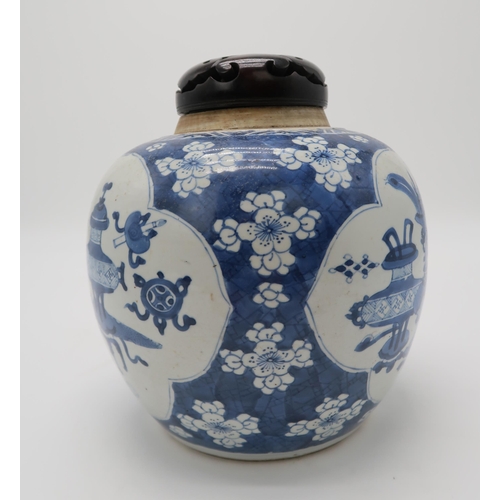 2371 - A CHINESE BLUE AND WHITE GINGER JARthe vignettes filled with One Hundred Antiques, over a cracked ic... 