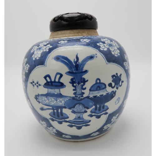 2371 - A CHINESE BLUE AND WHITE GINGER JARthe vignettes filled with One Hundred Antiques, over a cracked ic... 