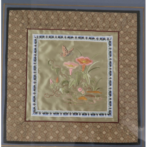 2372 - A PAIR OF CHINESE SILK PANELSembroidered with butterflies and foliage, surrounded by a diaper border... 