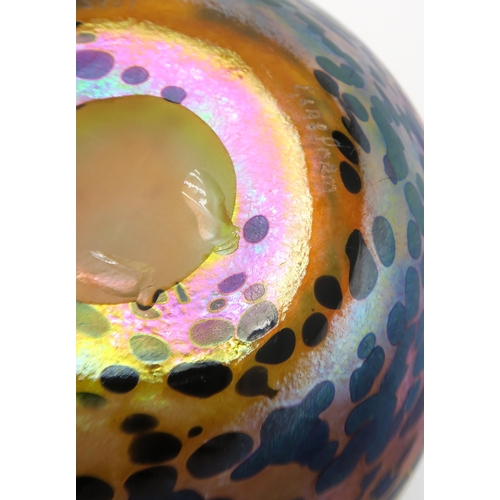 2162 - JOHN DITCHFIELD FOR GLASFORM An amber coloured glass vase with blue teardrop decoration and pink iri... 