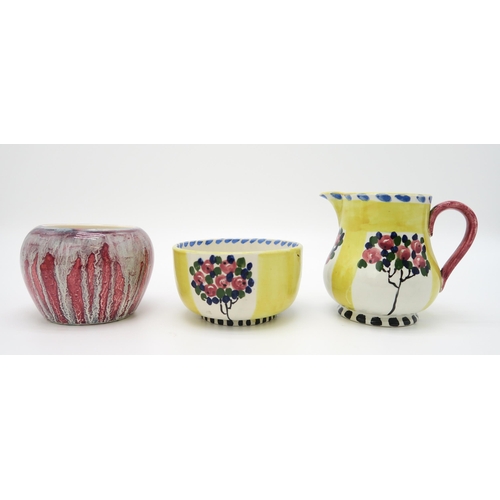 2170 - RICHARD AMOUR FOR BOUGH POTTERYA tulip painted jug, Columbine painted dish and streaky glaze pot, to... 