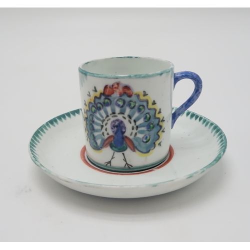 2175 - WILLIAM MILES JOHNSTON (1893-1974)A Zoo pottery chocolate cup, cover, saucer and side plate, painted... 