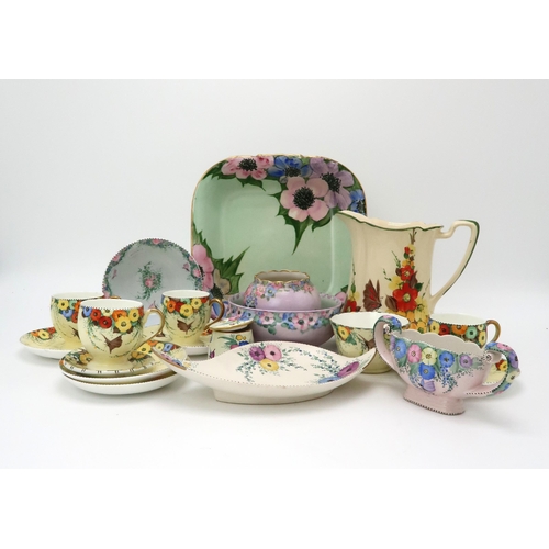 2180 - MAY WILSON HANDPAINTED TEAWARESincluding a Royal Winton tazza and bowl, a lidded jug, assorted dishe... 