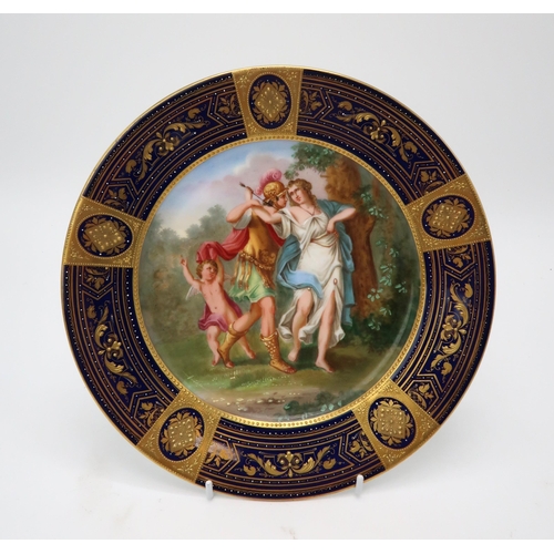 2203 - A COPELAND OCTAGONAL CABINET PLATEwith central painted continental lake scene within a burgundy and ... 