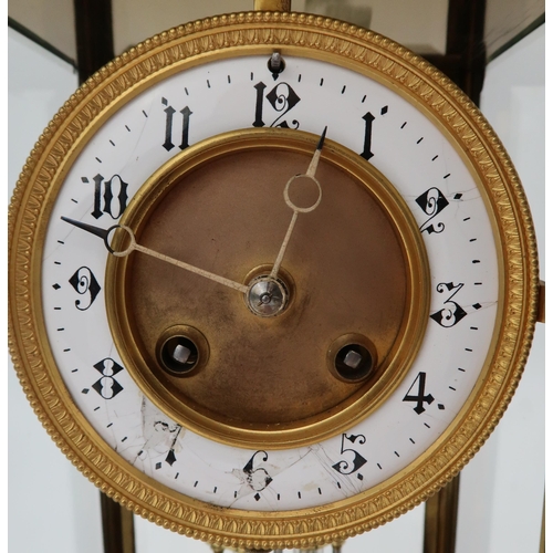 2206 - A MID 19TH CENTURY FRENCH BRASS AND GLASS MANTEL CLOCKthe white enamel dial with Arabic numerals, wi... 