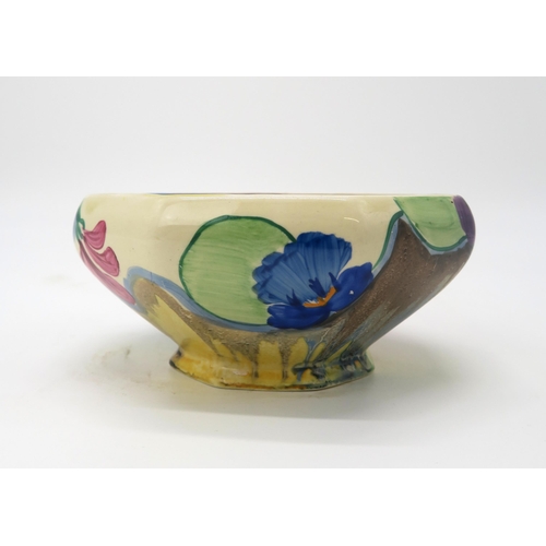 2219 - A CLARICE CLIFF PANSIES PATTERN BOWLof octagonal form, printed and painted marks to base, 14cm diame... 