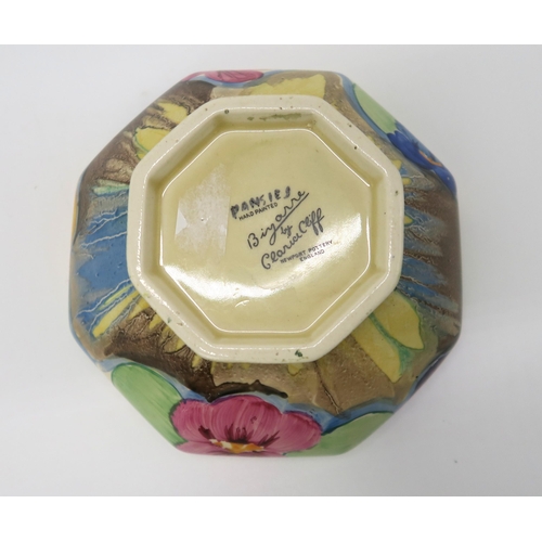 2219 - A CLARICE CLIFF PANSIES PATTERN BOWLof octagonal form, printed and painted marks to base, 14cm diame... 