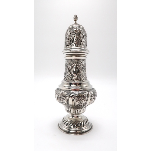 2461 - AN ORNATE EDWARDIAN SILVER SUGAR CASTERmaker's mark JT, Birmingham, of baluster form, the body partl... 