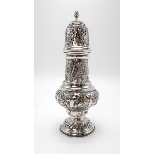 2461 - AN ORNATE EDWARDIAN SILVER SUGAR CASTERmaker's mark JT, Birmingham, of baluster form, the body partl... 