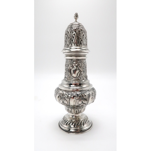 2461 - AN ORNATE EDWARDIAN SILVER SUGAR CASTERmaker's mark JT, Birmingham, of baluster form, the body partl... 