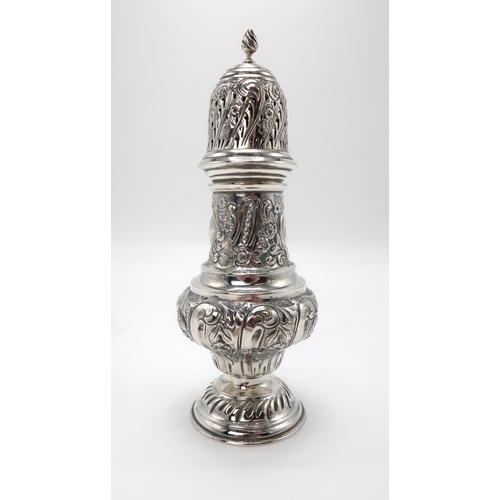 2461 - AN ORNATE EDWARDIAN SILVER SUGAR CASTERmaker's mark JT, Birmingham, of baluster form, the body partl... 